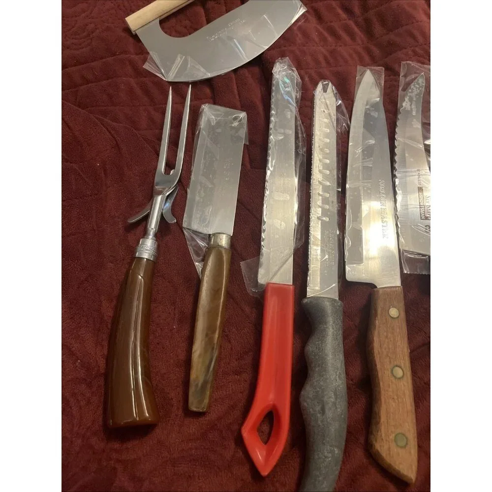 Vintage Kitchen Knife/misc. Lot of 9 Wood & Plastic Handles , Fork, Chop, Slice